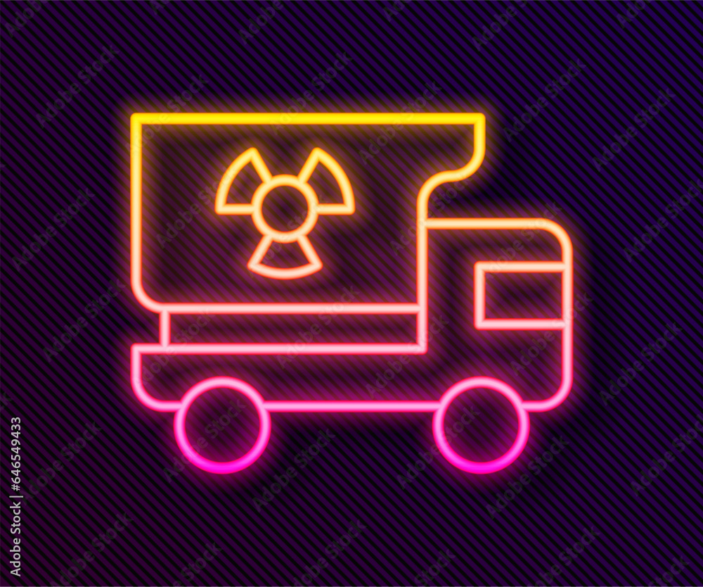 Glowing neon line Truck with radiation materials icon isolated on black background. Vector Glowing neon line Truck with radiation materials icon isolated on black background. Vector