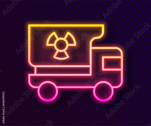Glowing neon line Truck with radiation materials icon isolated on black background. Vector