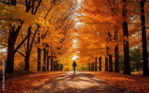 The person walking in a park path lined with golden trees in autumn time
