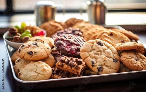Assortment of chocolate chip cookies on a metal tray