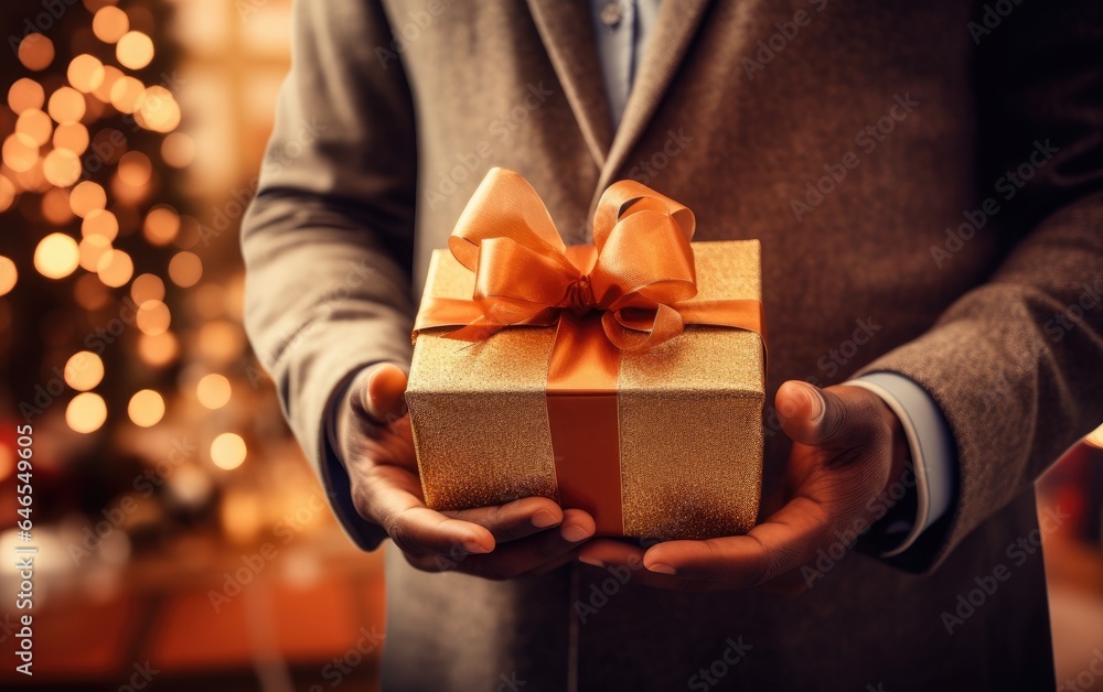 A man holding a Christmas gift box during the holidays