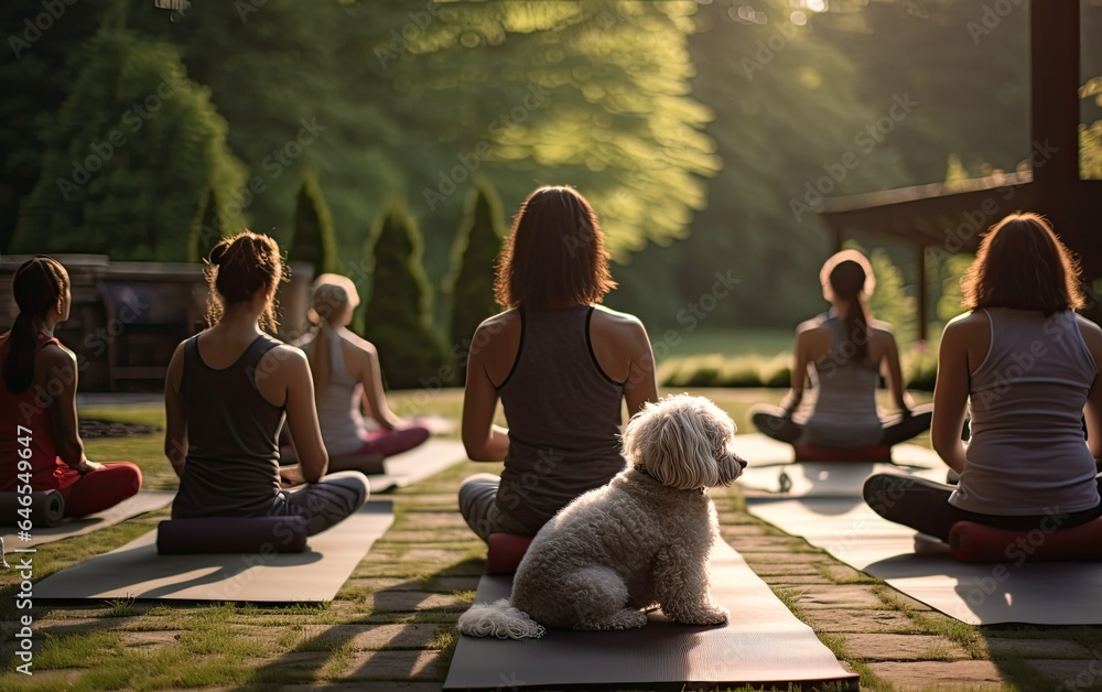 A cute dog attending to meditation session in the park