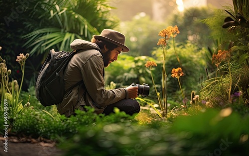 Photographer with a camera taking photos of plants and insects in nature © AZ Studio
