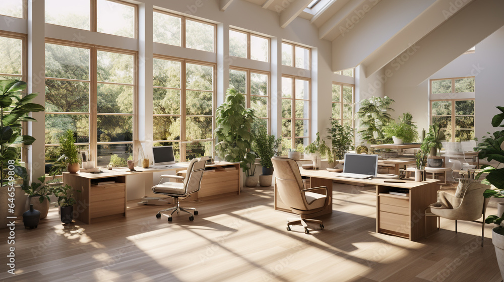 Modern office with ergonomic setup and indoor plants for productivity Modern office with ergonomic setup and indoor plants for productivity