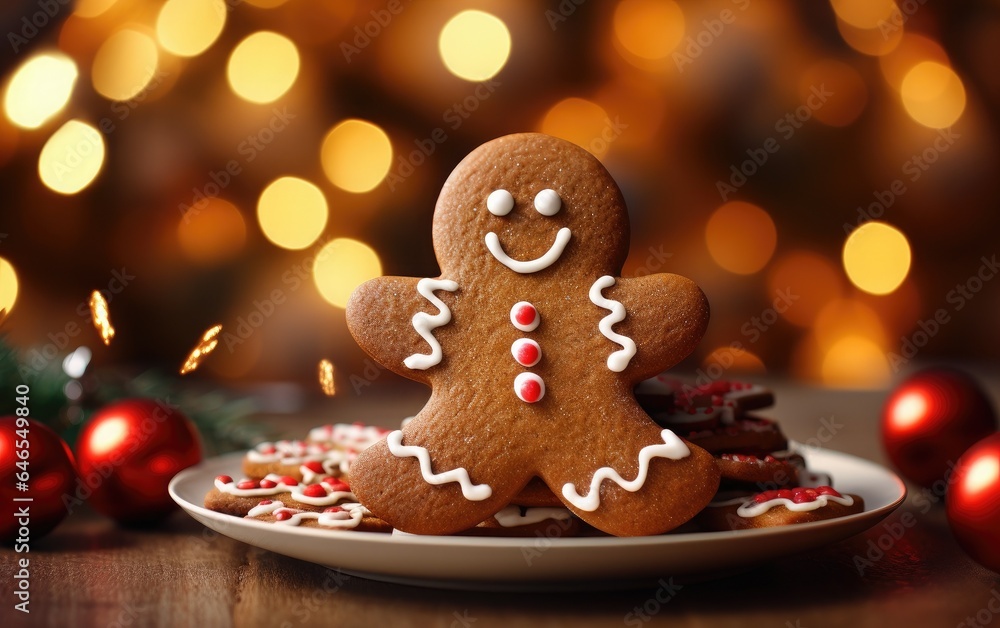 Christmas gingerbread man cookie on a plate during holiday time Christmas gingerbread man cookie on a plate during holiday time