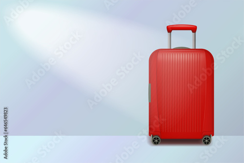 Realistic red wheeled travel bag with hand. Plastic travel suitcase. 3d illustration isolated on light blue background. Vector illustration.