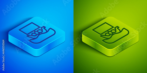 Isometric line Ancient viking scandinavian drakkar icon isolated on blue and green background. Viking transport ship. Square button. Vector