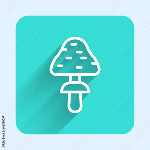 White line Mushroom icon isolated with long shadow background. Green square button. Vector