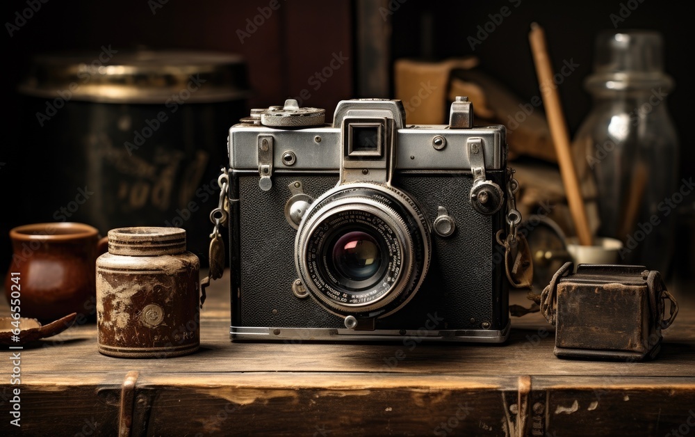 Vintage photo camera on a wooden table