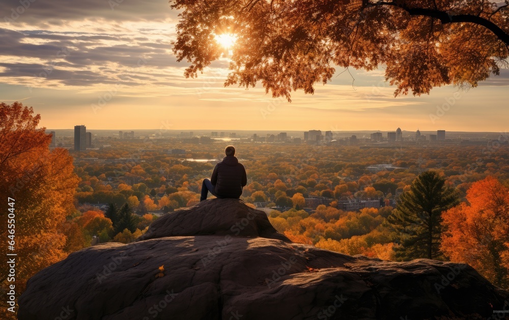 The person sitting on a rock in nature in autumntime