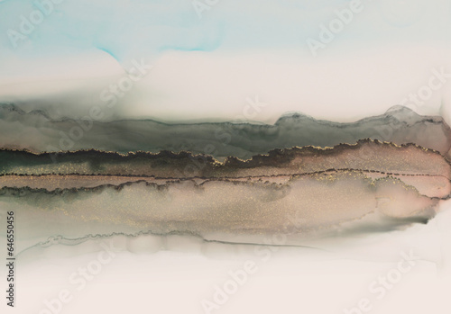 Hand drawn Watercolor, alcohol ink wave flou texture painting landscape. Abstract brown, gray blue and beige neutral background.