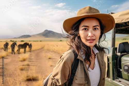 Asian woman in adventurer outfit on african safari. Posing next to her off road car, some blurred animals background. Generative AI