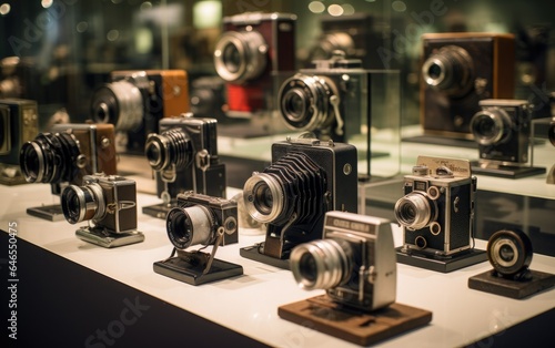 A collection of vintage photo cameras displayed in a museum