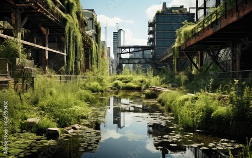 A rewilded industrial site converted into a green urban space, where native vegetation has replaced concrete and steel, demonstrating the potential of urban regeneration and ecological restoration