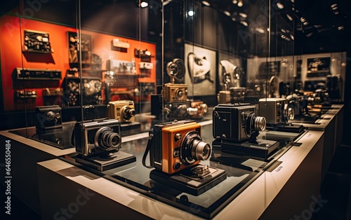 A collection of vintage photo cameras displayed in a museum  © AZ Studio