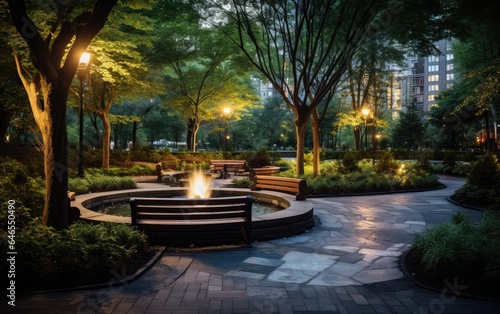 A rewilded meditation garden in a city park, with seating areas, aromatic plants, and soothing natural elements, offering visitors a peaceful and rejuvenating space amid urban life