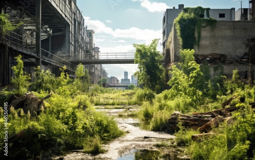 A rewilded industrial site converted into a green urban space, where native vegetation has replaced concrete and steel, demonstrating the potential of urban regeneration and ecological restoration