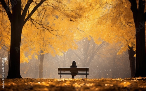 Foto Person sitting alone on a bench in a park in autumn time