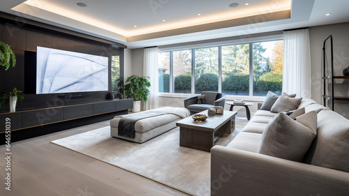 The modernity and elegance of a home living room with contemporary furniture and a large screen TV generative ai