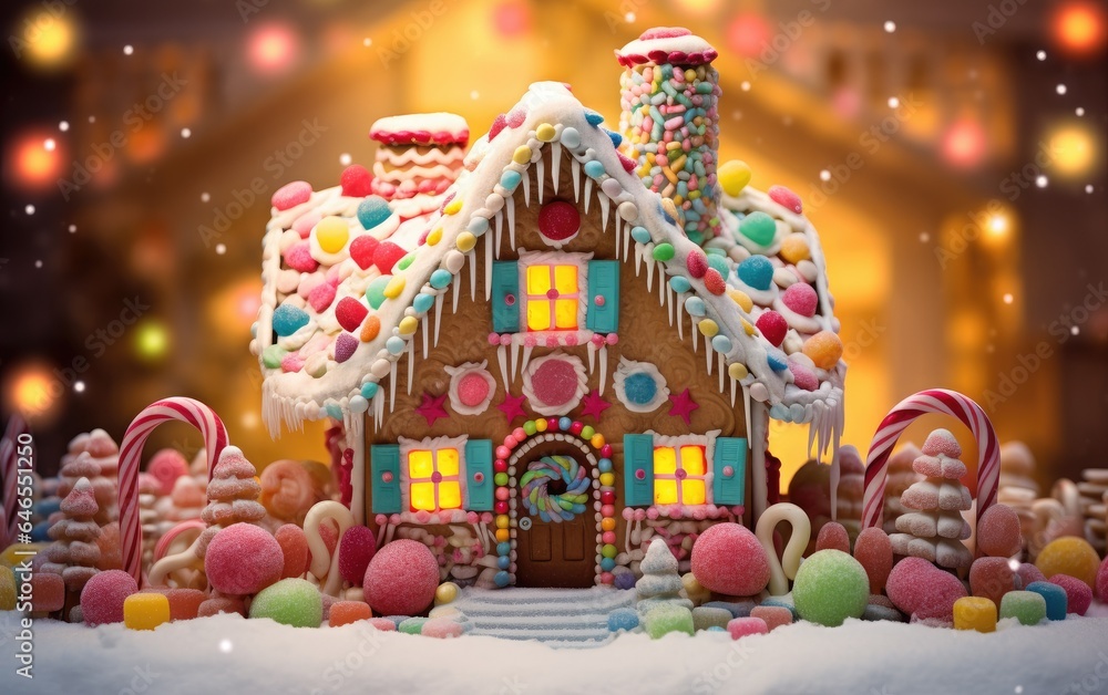 Photo & Art Print A gingerbread house adorned with colorful candies and icing, AZ Studio green-scalloped-roof-gingerbread-house-canvas-kc-needlepoint