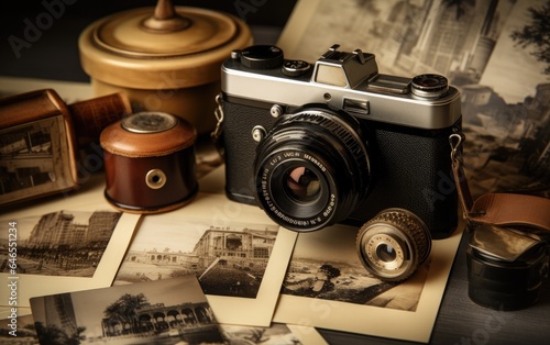 Vintage photo camera and old photos