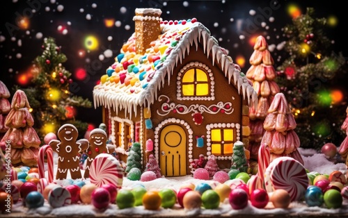 A gingerbread house adorned with colorful candies and icing