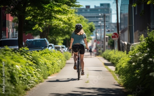 Green Commuting: A cyclist riding an electric bike on a dedicated bike lane, showcasing eco-friendly transportation options for reducing carbon emissions in the city