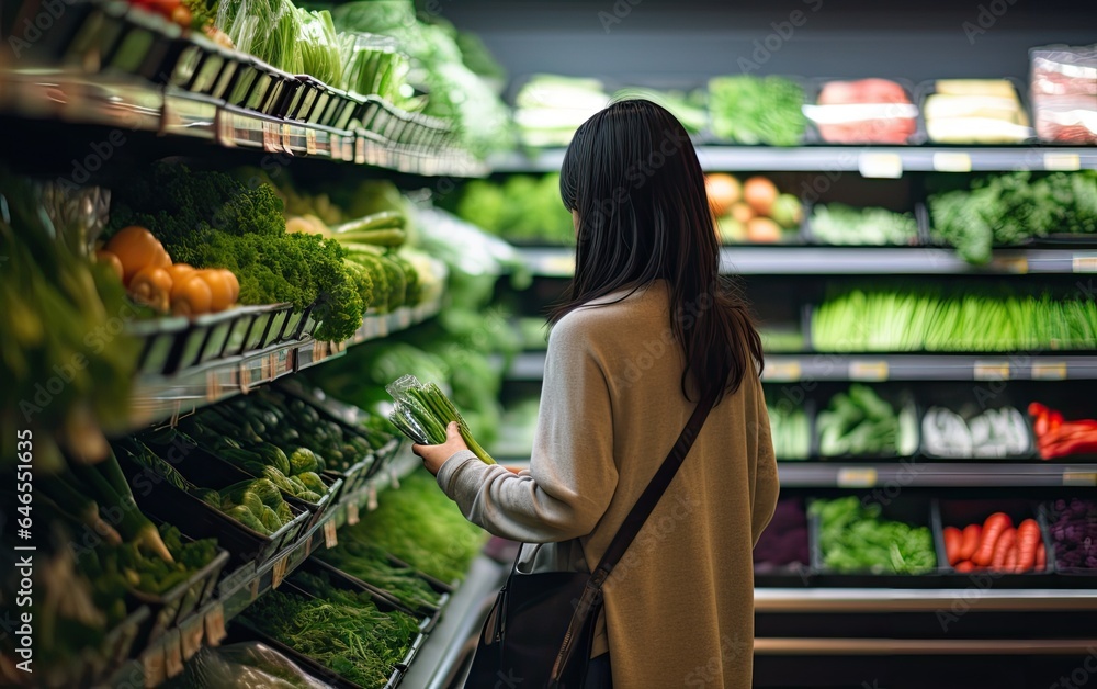 A Woman shopping for organic leafy green vegetables in the supermarket