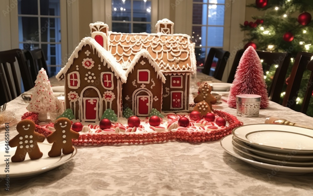 Gingerbread house on a table around festive decorations Gingerbread house on a table around festive decorations