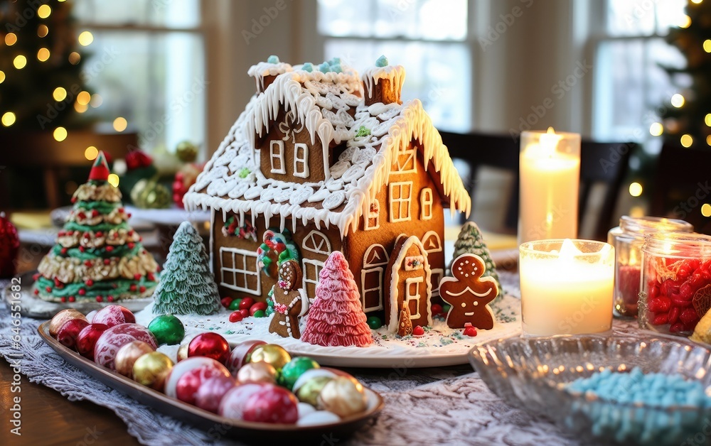 Gingerbread house on a table around festive candles and decorations 