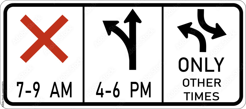 Vector graphic of a usa Reversible Lane Control highway sign. It consists of three sections showing which actions are allowed at certain times of the day contained in a white rectangle Vector graphic of a usa Reversible Lane Control highway sign. It consists of three sections showing which actions are allowed at certain times of the day contained in a white rectangle