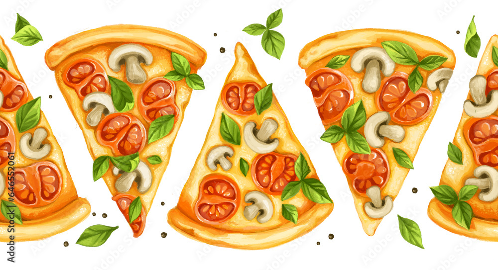 Horizontal seamless border from pizza with tomatoes, champignons, cheese and basil Horizontal seamless border from pizza with tomatoes, champignons, cheese and basil