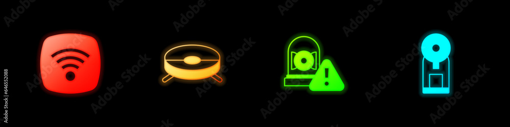 Set Wi-Fi wireless internet network, Robot vacuum cleaner, Ringing alarm bell and Smart coffee machine icon. Vector Set Wi-Fi wireless internet network, Robot vacuum cleaner, Ringing alarm bell and Smart coffee machine icon. Vector