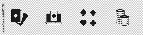 Set Deck of playing cards, Online poker table game, and Casino chips icon. Vector
