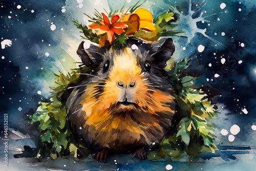Little cute guinea pig in Christmas decoration. Watercolor illustration of Christmas celebrating with guinea pig,