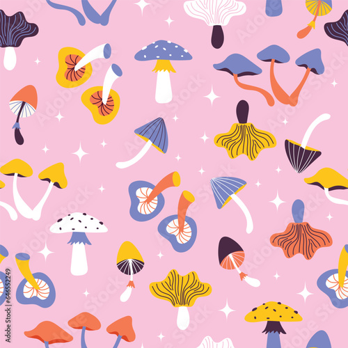 Colorful mushrooms seamless pattern on pink background. Modern retro pattern. Vector illustration.