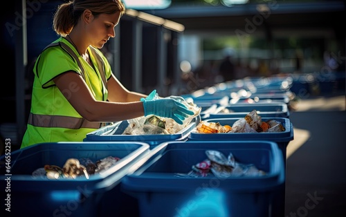 Female worker sorting recyclable materials into separate bins in a recycling facility, showcasing the importance of waste segregation and recycling