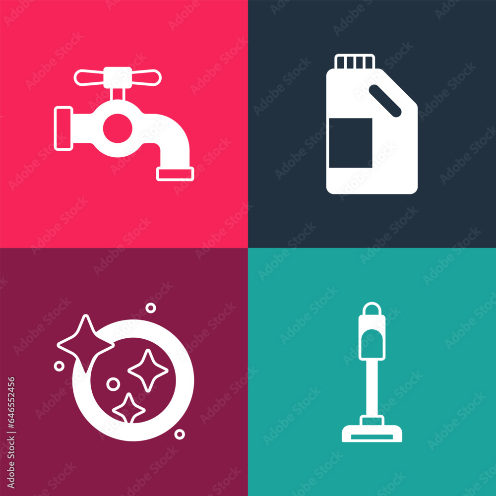 Set pop art Vacuum cleaner, Washing dishes, Bottle for cleaning agent and Water tap icon. Vector Set pop art Vacuum cleaner, Washing dishes, Bottle for cleaning agent and Water tap icon. Vector