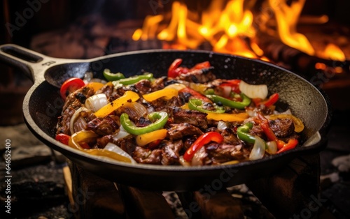 Fajita dish being cooked in a pan with tortillas