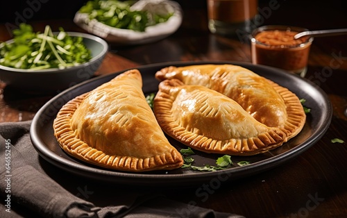 Freshly baked empanadas on a plate next to the sauces and herbs
