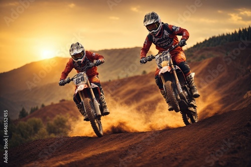 Extreme motocross MX Rider in action jump on mountain road. ai generative