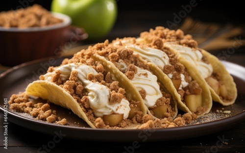Apple pie dessert taco with spiced apple slices and a crumble topping on a plate