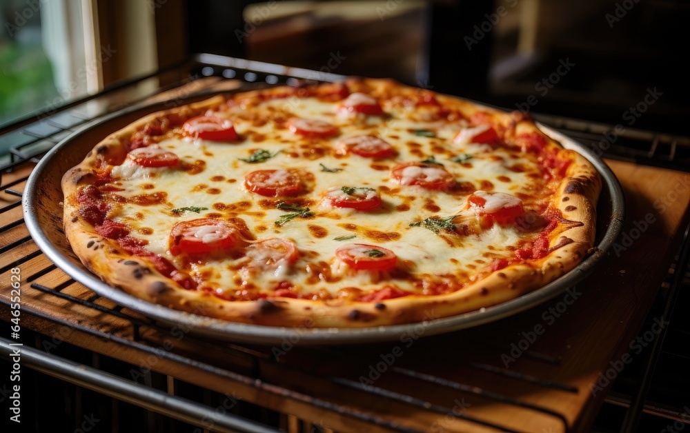 Homemade pizza with bubbling cheese and crispy crust just out of the oven. Homemade pizza with bubbling cheese and crispy crust just out of the oven.