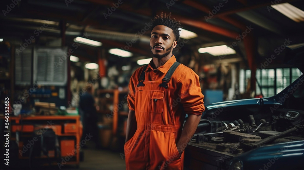 young african american mechanic in overalls holding electric screwdriver and working with car motor in garage. Young mechanic working in a car repairshop. Automotive theme. young african american mechanic in overalls holding electric screwdriver and working with car motor in garage. Young mechanic working in a car repairshop. Automotive theme.