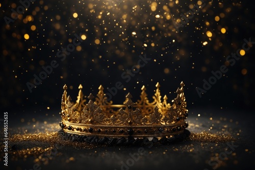mysteriousand magical gold crown over gothic black background. ai generative photo