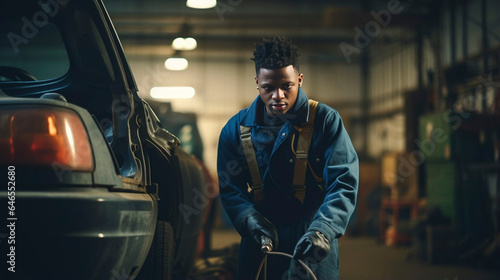 young african american mechanic in overalls holding electric screwdriver and working with car motor in garage. Young mechanic working in a car repairshop. Automotive theme.