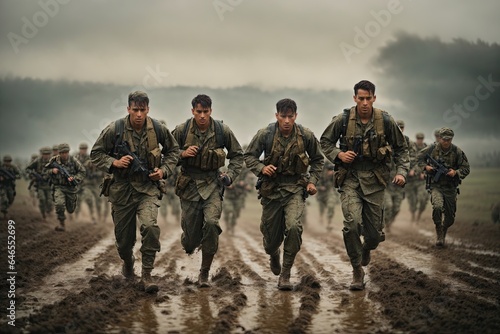 running soldiers across a muddy field on a cloudy day. ai generative