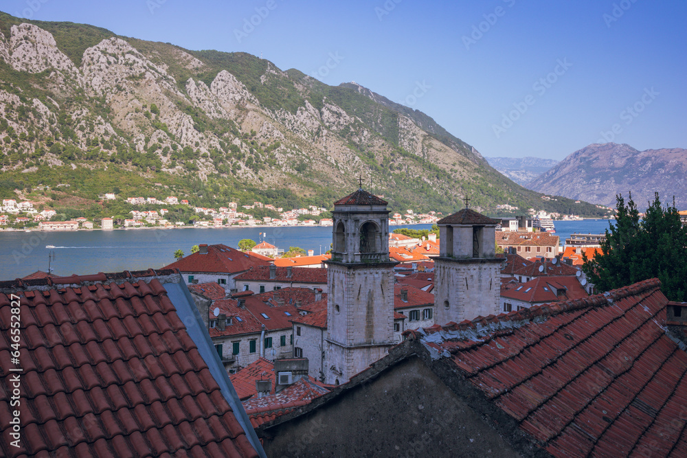 View to the roofs and bell towers in Kotor Old town from above, Kotor, Montenegro