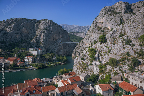 View to Omis and Cetina river with mountains, Omis, Croatia