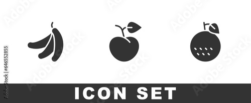 Set Banana, Peach fruit or nectarine and Orange icon. Vector